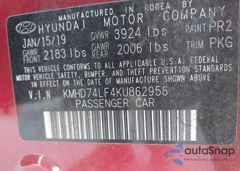 2019 Hyundai Elantra Se from USA, damaged, VIN KMHD74LF4KU862956